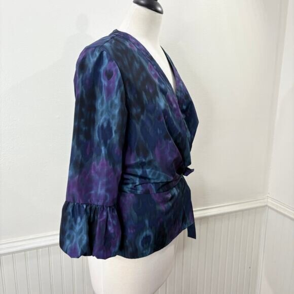 Lafayette 148 Size 10 Wrap Top Blouse Purple Blue Bell Sleeve Career Luxe Artsy - Picture 14 of 14